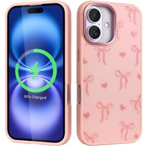 for iPhone 15 Case for Women Girl Men Boy,Compatible with Magsafe,Relief Printing Design,Shockproof Hybrid TPU+PC Case for iPhone 15 - Pink Bows and Hearts
