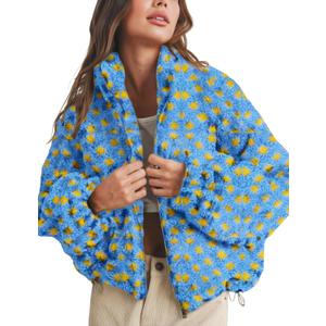 Esmeling Womens Long Sleeve Cropped Sherpa Fleece Plaid Jacket Casual Chunky Teddy Fleece Outerwear (Blue, XL)