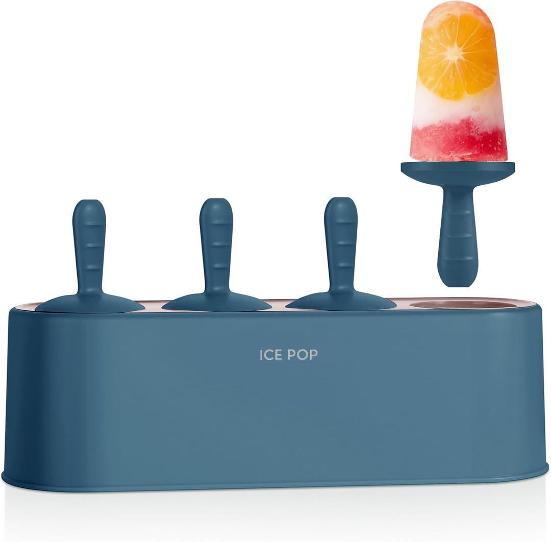 Popsicle Mold Set 4 Pieces Homemade Silicone Popsicle Maker Easy Release Ice Cream Molds Reusable DIY Pop Molds (Blue, IcyClassic Pops)