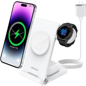 Nillkin 3 in 1 Magsafe Wireless Charging Station, Garmin Watch Charger Stand for Fenix 7/7S/8 Forerunner 245/745/945/965,Tactix,Enduro,Epix,Foldable Charger for iPhone 16/15/14 & AirPods with Adapter (White)