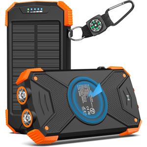 BLAVOR Solar Power Bank 10,000mAh, Portable Wireless Charger, 20W Fast Charging External Battery Pack with USB C for Cell Phones, Solar Panel Charging with Dual Flashlight for Camping (Orange)
