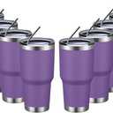 MEWAY 30oz Insulated Tumbler With Lids and Straws,Stainless Steel Double Vacuum Coffee Tumbler Cup, Brush, Durable Powder Coated Coffee Cup for Cold & Hot Drinks, Office, Travel(Purple,8 PACK)