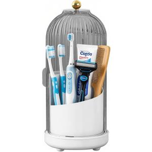 JEESA Toothbrush Holder Organizer, with Drainage Holes, with Dustproof Cover, 360 Rotating, 3 Slots, for Bathroom Countertop, Grey
