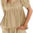 Tankaneo Womens 2 Piece Outfits Summer Square Neck Short Puff Sleeve Babydoll Tops and Shorts Matching Set