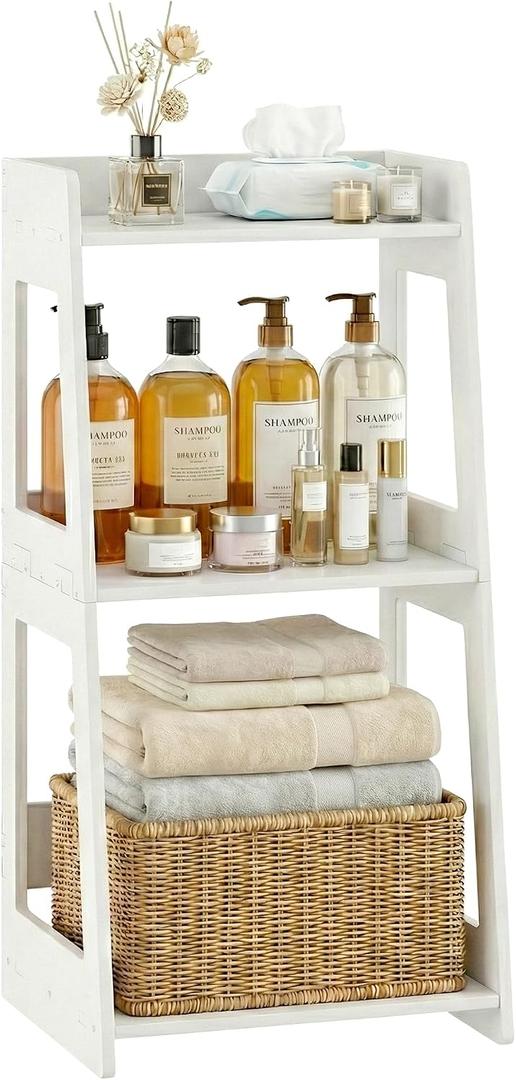 POBOMULI 3-Tier Bathroom Ladder Shelf Freestanding, White Floor Shelves Open Shelving Unit, Small Bookshelf Nightstand for Home Study Laundry Room (11.0”D x 12.6”W x 26”H)