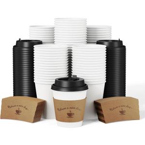 LITOPAK 100 Pack Disposable Coffee Cups with Lids and Kraft Sleeves, 10 oz White Coffee Cups, Paper coffee Cups for Hot Drinks