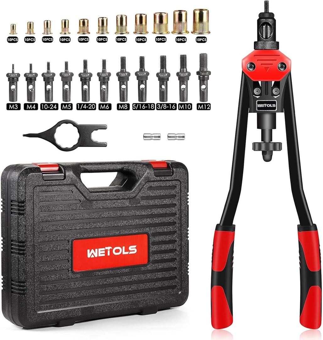 WETOLS 16" Rivet Nut Tool, Professional Rivet Nut Tool Kit with 11 Metric & Inch Mandrels M3 M4 M5 M6 M8 M10 M12, 10-24, 1/4-20, 5/16-18, 3/8-16, 110pcs Rivnuts and Blow Carry Case - WE-889