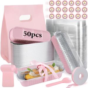 OcePor 50 Pack Mini Loaf Pans With LidsMini Cake Pans With Lids and Spoons6.8oz Bread Loaf Pans DisposableSmall Aluminum Cake Tins,Baking Pans Individual (Pink)