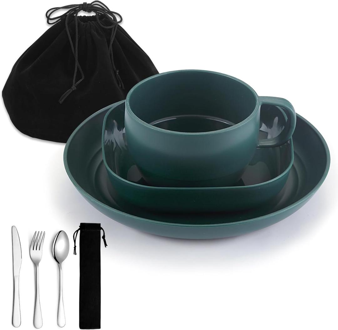 Camping Utensils Set, ReaNea Camping Plates and Bowls Set with Coffee Mug, Travel Cutlery Set Include Spoon, Fork, Knife for Home, Poolside, Outdoor, Picnic, Camp
