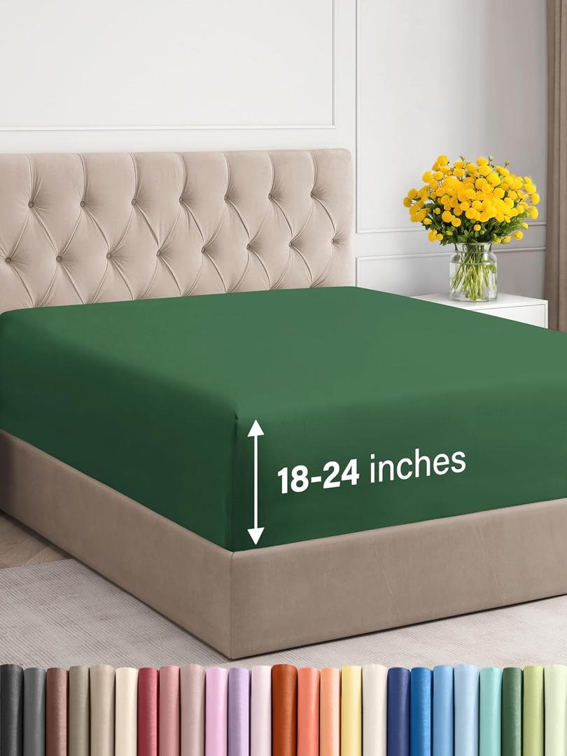 Extra Deep King Fitted Sheet - Hotel Luxury Single Fitted Sheet Only - Easily Fits 18 inch to 24 inch Mattress - Ultra Soft, Wrinkle Free with Extra Deep Pockets - Breathable & Comfy - Emerald Green