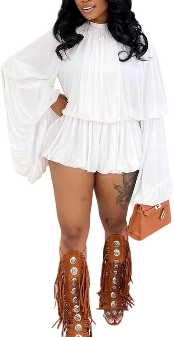 LETSVDO Shorts Sets Women 2 Piece Outfits Mock Neck Bell Sleeve Chiffon Top Blouse Pleated Ruffle Bubble Short Set Romper, Small