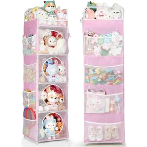Stuffed Animal Storage, 63.8" Toy Storage Organizer, 5 Shelves & 8 Side Pockets, Space-Saving Corner Solutions for a Kids' Bedroom, Playroom (Pink)