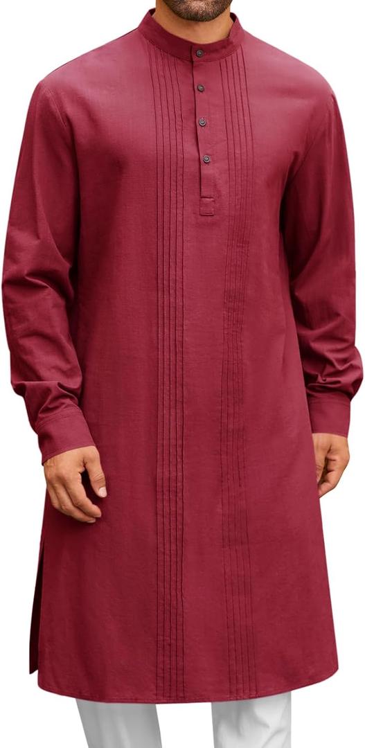 Runcati Mens Kaftan Robe Button Down Long Sleeve Cotton Linen Thobe Casual Muslim Gown Henley Shirt, L