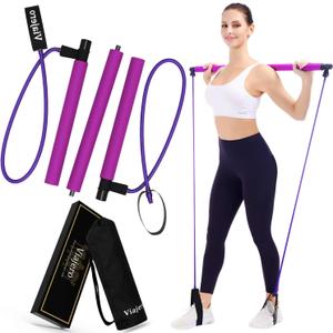 Viajero Pilates Bar Kit for Portable Home Gym Workout - 2 Latex Exercise Resistance Band - 3-Section Sticks - All-in-one Strength Weights Equipment for Body Fitness Squat Yoga with E-Book & Video