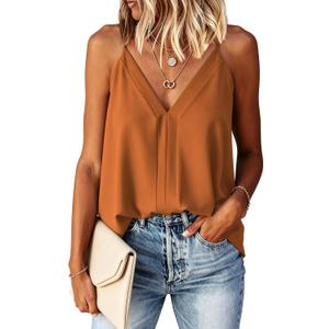 Women's V Neck Tank Tops Sleeveless Loose Shirts Orange (L)