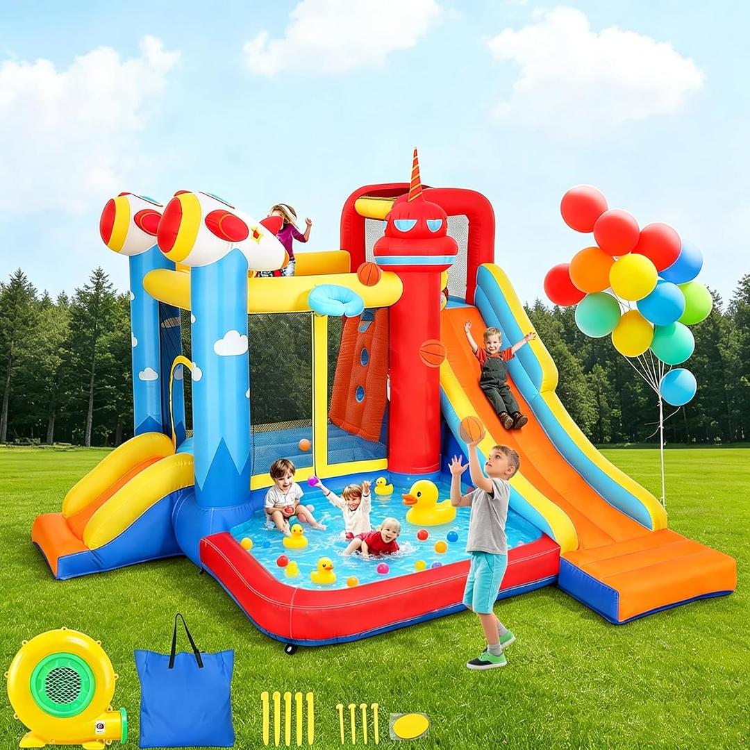 Inflatable Bounce House Water Slide, 7-in-1 Bouncy Castle Combo Water Pool & Bouncing Area & Slides & Basketball Game & Dart Game, Jump House with Storage Bag, Orange, 1.25 ft x 1.25 ft x 1.67 ft