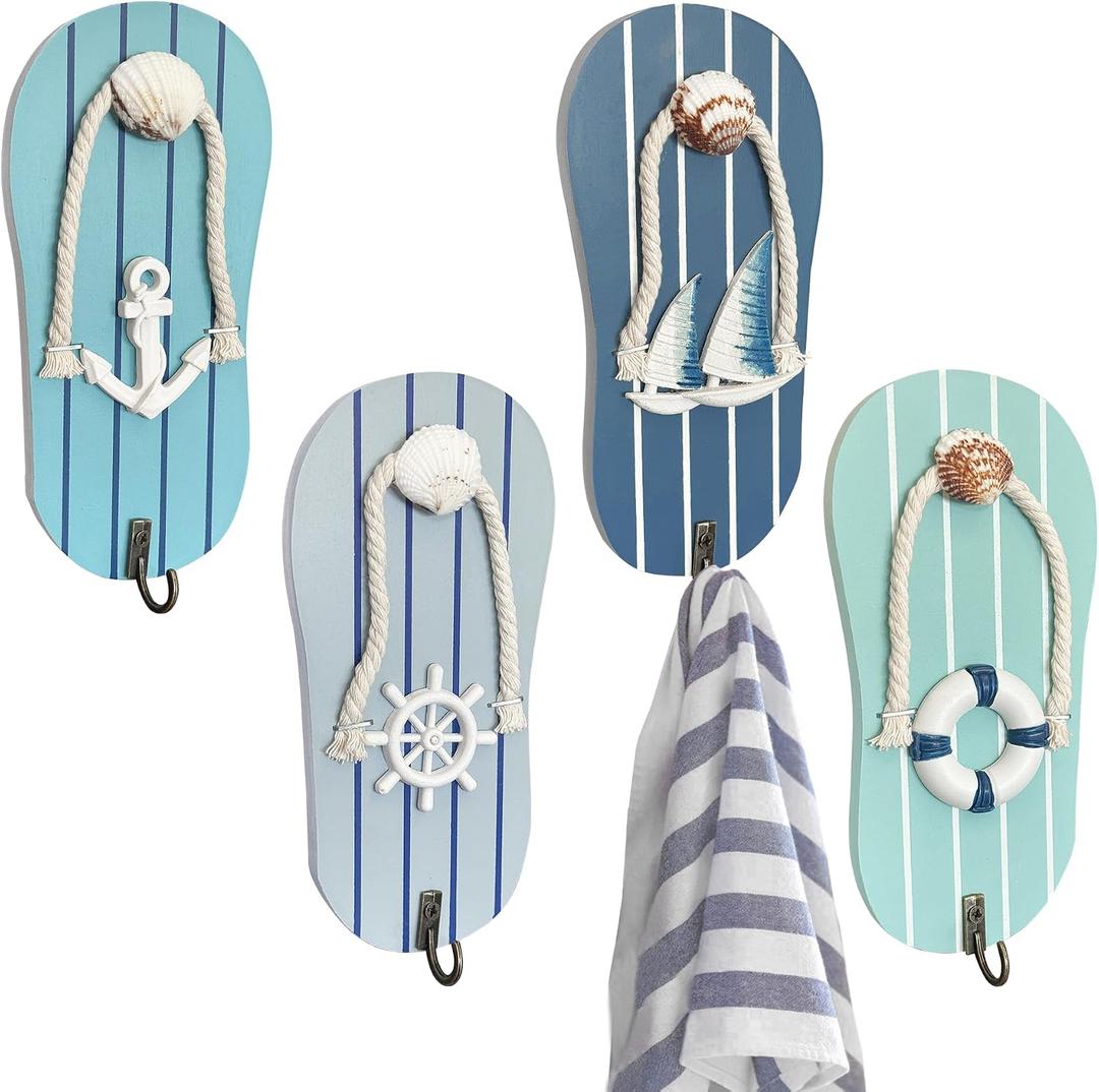 Cute Flip Flop Small Towel Wall Hooks- Wooden Beach-Themed Rack with Metal Hooks (9.3") - Coastal Decor for Bathroom & Poolside, Beach Houses for Hanging Key Purse (Blue and White)