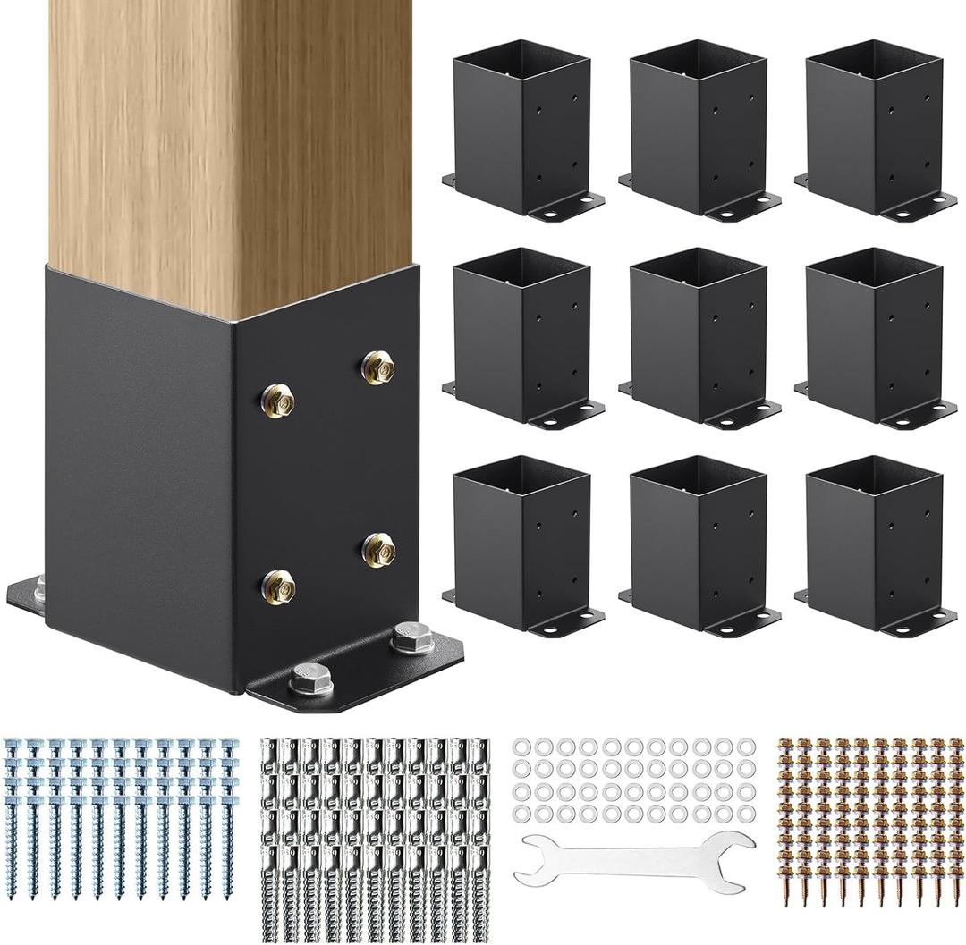 VEVOR 4x4 Post Bracket, 10PC Post Base Brackets, Inner Size 3.6"x3.6" Heavy Duty Powder-Coated Post Anchor Matte Black Wood Post Brackets for Pavilion Deck Railing Support Deck Base Plate