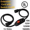 [UL Listed] Extension Cord with Waterproof On/Off Switch, Indoor/Outdoor 13.1Ft Black Power Cord, 1250W/10A Heavy Duty 3 Prong Plugs,18/3 SJT Extension Cord,PVC Heat Resistant Fire Prevention