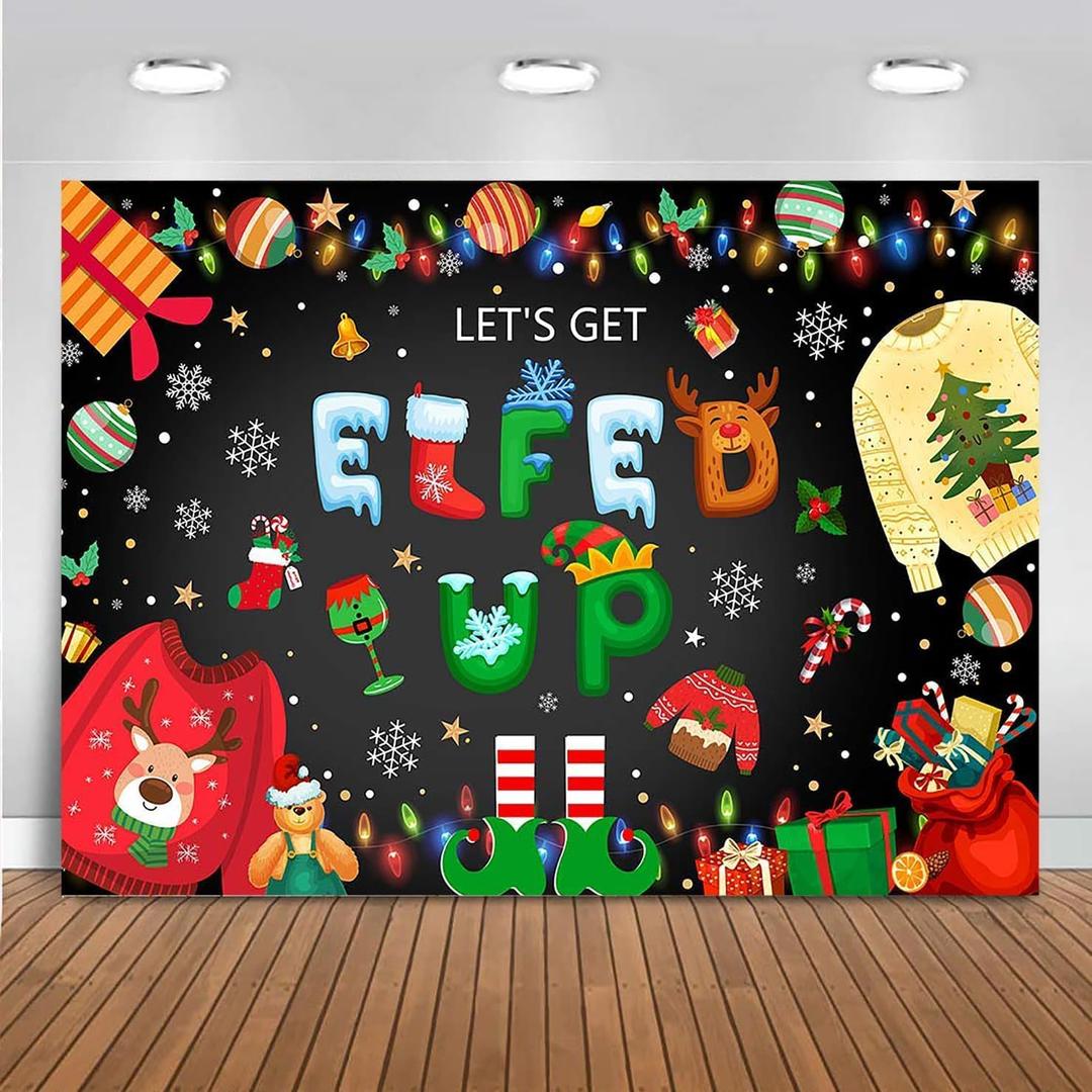 Mocsicka Elfed Up Ugly Sweater Party Backdrop Ugly Sweater Christmas Decoration Party Winter Kids Elfed Photo Booth Background Banner (5x3ft (60x36 inch))