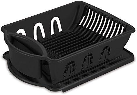 Tribello Sink Dish Drying Rack, Heavy Duty Hard Plastic Drying Rack, Dish Drainer for Kitchen Counter with Drainboard Set, with Silverware Holder - 18 x 13 x 6 (Black) - Made in USA