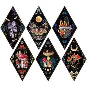 Sintuff 6 Pieces Mushroom Wall Decor Gift Vintage Aesthetic Boho Wall Art for Home 11.8inch Wooden Moon Gothic Minimalist Wall Hanging for Bathroom Bedroom Living Room (2 Pack)