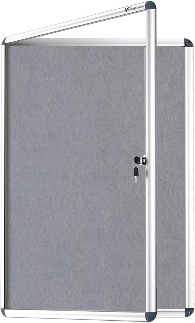 VIZ-PRO Tamperproof Lockable Gray Fabric Noticeboard Aluminium Framed 36x24 Inches (36 x 24 inches, Gray Felt)