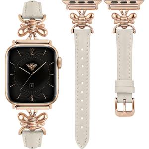 Wearlizer Slim Leather Band Compatible with Apple Watch Bands for Women 40/38/41/44/42/45/46/49mm, Top Genuine Leather Strap with Metal Classy Design for iWatch Series 11 10 9 8 Ultra 7 6 5 4 3 2 1 SE (Starlight/Rose Gold)