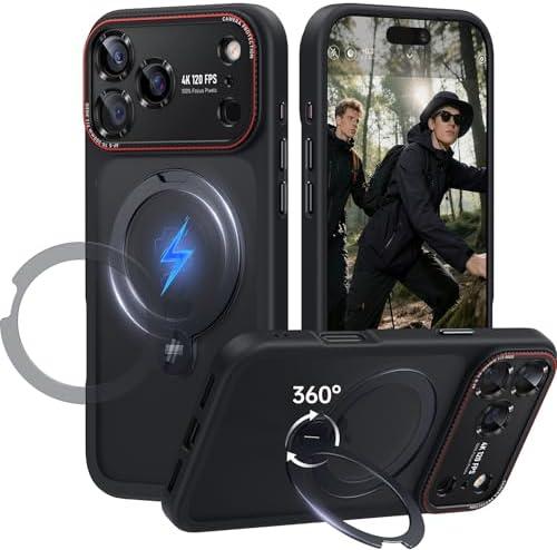 for iPhone 17 Pro Max Case: 360 Spin Magnetic Stand, Camera Protection (Compatible with MagSafe) [18FT Military Protection] Shockproof Matte Translucent Phone Cover for iPhone 17 Pro Max 6.9", Black