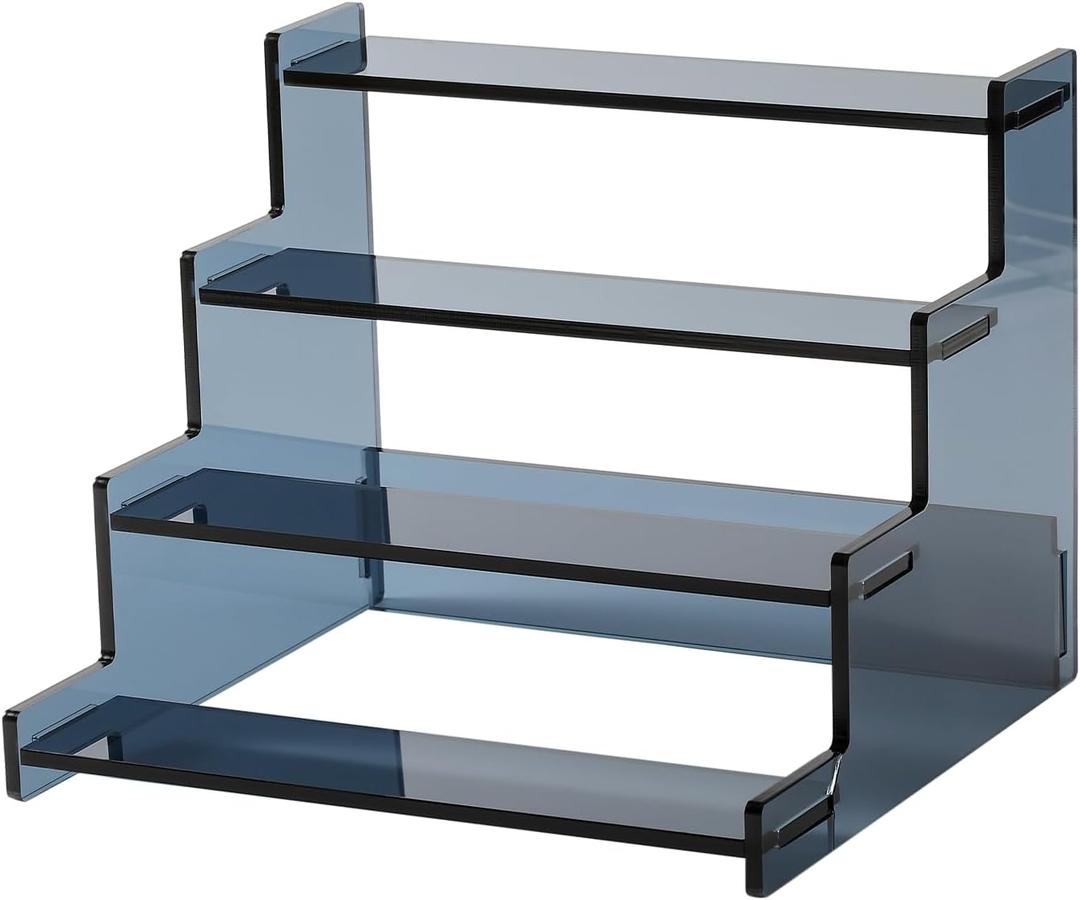 BACHUCHICHI 4-Tier Acrylic Display Riser Stand  22.8x20x18.2cm Grey Perfume Stand for Display on Vanity, Countertops, & Retail Use  Tiered Acrylic Shelf for Figures, Cupcakes, Bottles, & Desserts