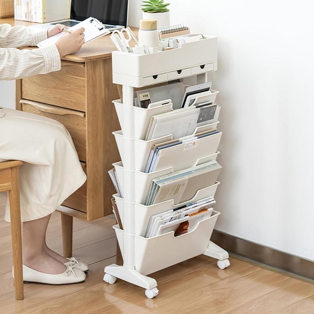 5 Tier Rolling Book Cart Multi-Functional Movable Storage Bookshelves with Lockable Wheels for Study Office Library Classroom, White (White, with Wheel)