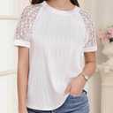 Womens Summer Tops Lace Short Sleeve Textured Shirts Crew Neck Trendy Casual Vacation Outfits Business Blouses (White, S)