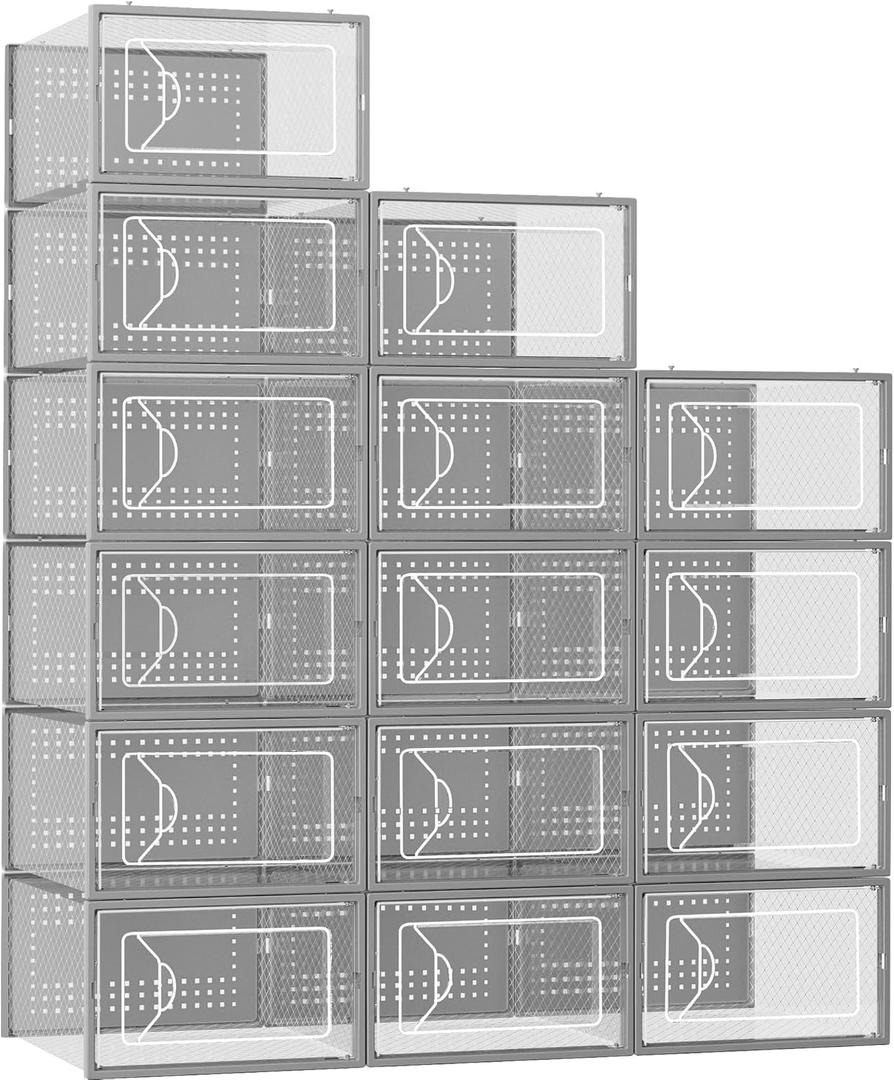Foluck Shoe Storage Box, 15 Pack Clear Plastic Stackable Shoe Organizer for Closet, Interlocking Design Shoe Container Bins for Sneakers, Foldable Shoe Rack with Lids, Gray