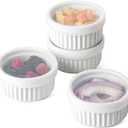 LE TAUCI Ramekins with Lids, 8 OZ Ramekins Oven Safe, Creme Brulee Ramekin Bowls, Ceramic Souffle Dishes with Covers, Custard Cups for Baking, Pudding, Serving Dip, Ice Cream, Set of 4, White