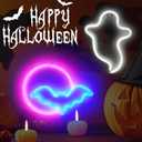 BRIGHTDECK 2 Pack Halloween Neon Signs, White Ghost, Blue Bat Full Moon Neon Lights Decorations, USB/Battery Powered Led Neon Sign for Halloween Wall Decor, Bedroom, Kids Gift, Bar, Party(Full Moon)