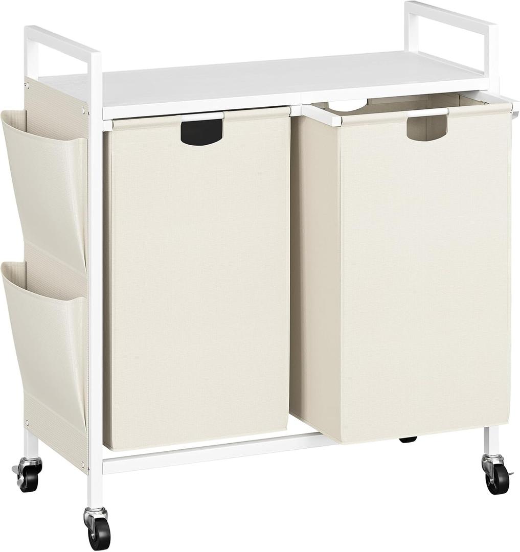 WOWLIVE Double Laundry Hamper with Lid,Rolling Laundry Basket Organizer with Wheels, Iron-Made Laundry Sorter with Top Shelf and 2 Removable Bags,Large Clothes Storage for Room,White (110L (30.0 x 13 x 32 Inches))