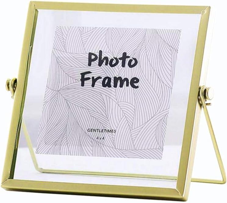 Leoyoubei Gold Floating Glass Frame,Hand-Made,Vintage Style and Real Glass Photo Frame Collection Metal Geometric Picture Frame,Double Glass Floating Desk Frame 4x4,Can Also Put 5X5 Photo