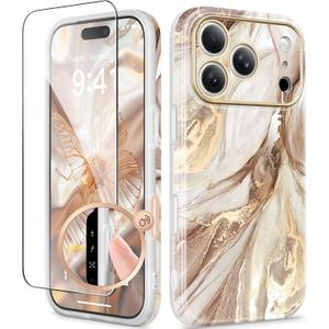 GVIEWIN for iPhone 17 Pro Case Compatible with MagSafe, with Screen Protector [Full Camera Protection] Military-Grade Shockproof Slim Magnetic Marble Phone Case for 17 Pro 6.3", Topaz/Gold