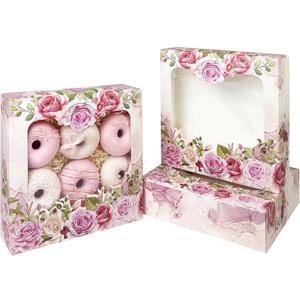 Qiqee Auto-pop up Mother''s Day 8x8x2.5 inch Bakery Box With Window Pink Rose 30 Packs Pie Boxes Pastry Box