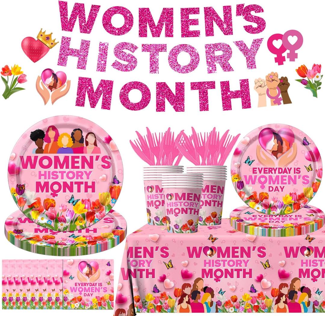 Womens History Month Decorations Tableware,142pcs Women's History Month Plates and Napkins Tablecloth Cup,Pink Women's History Month Banner for International Womens Day Decorations