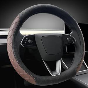 LKWLIKEI Leather Steering Wheel Cover. Elegant Diamond Checkered Design, Non-Slip and Breathable, for Tesla Model 3/Y Steering Wheel Protector,Black Brown