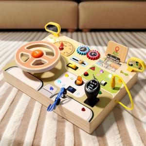 Wooden Busy Board for Kids Driver Toy Analog Steering Wheeling with Light for Toddlers Sensory Travel Montessori Activity
