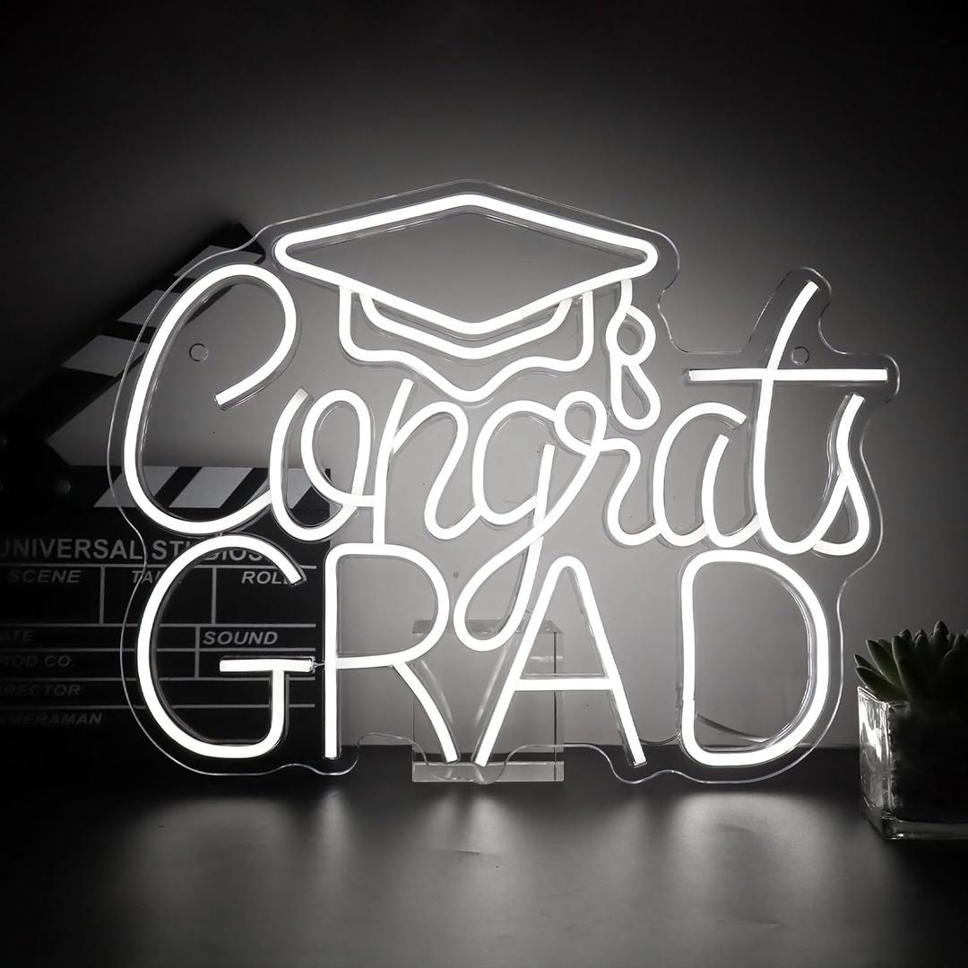 Congrats Grad Neon Sign- Graduation Party Neon Light Congrats PartyBackdrop Decoration (AB--White), -Actual size 16.5cm(long)×12.6cm(wide)×0.78cm(tall)