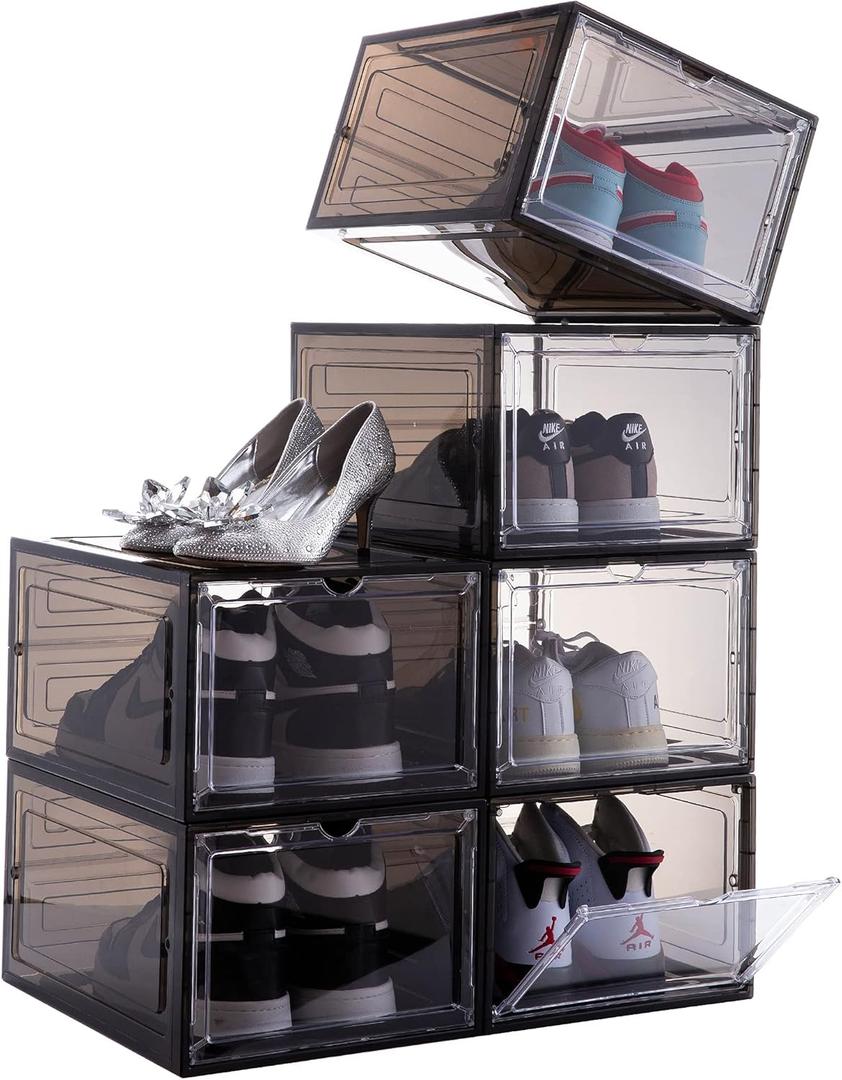 Attelite Shoe Box,Set of 6,Stackable Plastic Clear Shoe Box Organizer with Magnetic Door,Shoe Storage Box Thicken Sturdy,Easy Assembly,Fit up to US Size 12,Black (XL-6-pcs)