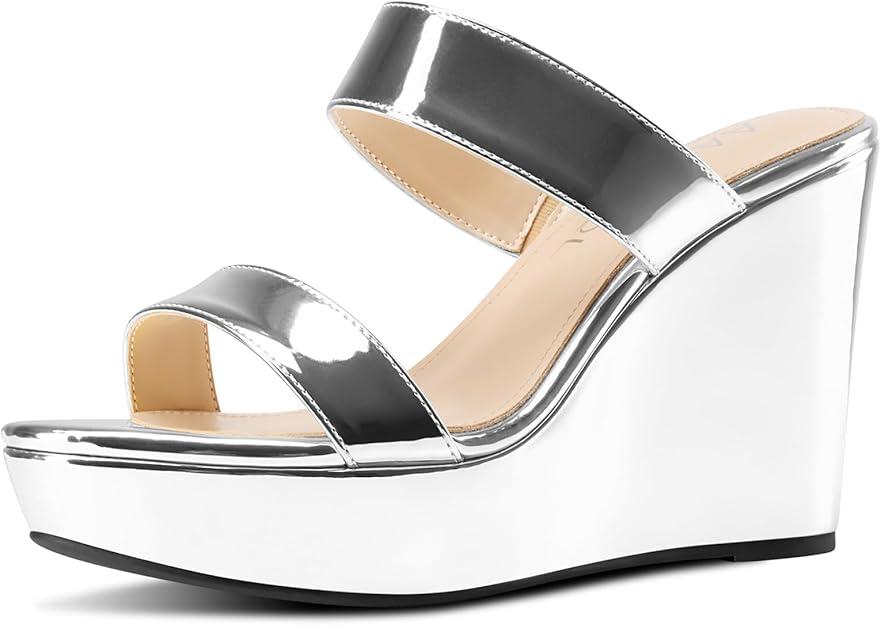 Aachcol Womens Slip-on Platform Wedge Sandals Open Toe High Heel Two Strap Wedge Mules Slides Prom Summer Dress Shoes , Size 8