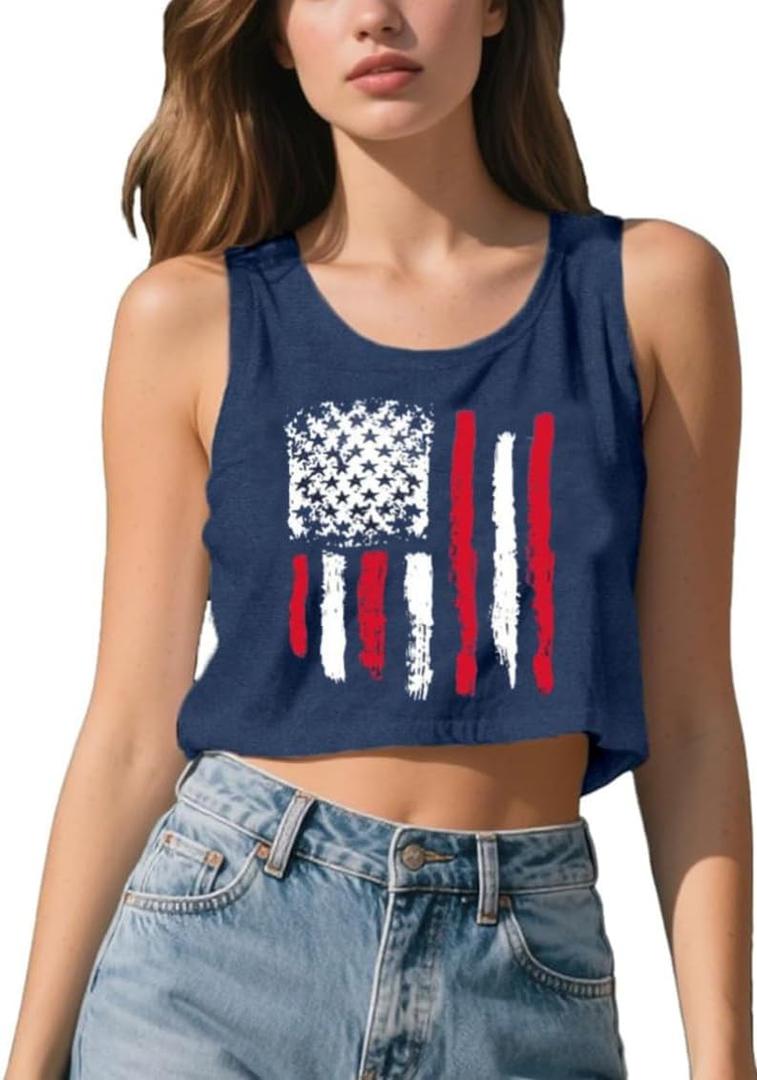 Womens 4th of July Shirt USA Flag Crop Tank Tops Patriotic Sleeveless Independence Day Graphic Tee (XL)