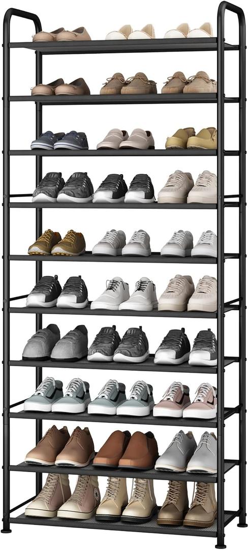 STO STO 10-Tier Shoe Rack with Sturdy Mesh Shelves, Tall Metal Shoe Organizer for Entryway, Closet, Garage, Front Door, Holds 30 Pairs, Free-Standing Large Shoe Storage Shelf, Adjustable Feet, Black