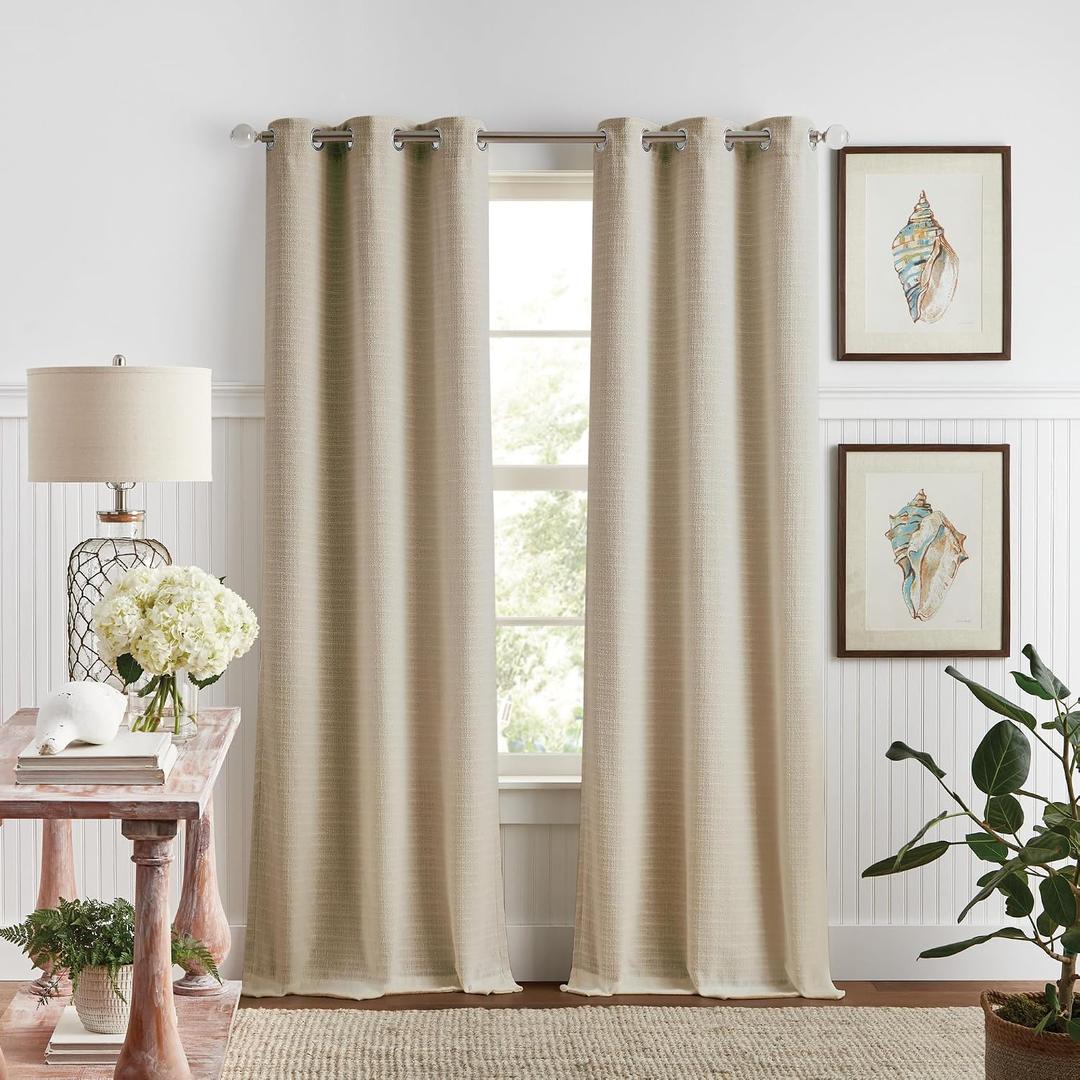Martha Stewart Beige Room Darkening Curtains Textured Lined Grommet Window Curtain Panel Pair, Sutter, Set of 2, 95", Sand, 37"W x 95"L
