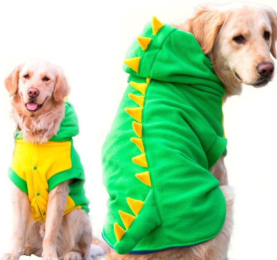 FLAdorepet Funny Halloween Large Dog Dinosaur Costume Outfits, Dog Pajamas Hoodie Winter Warm Pet Clothes Coat for Golden Retriever Pitbull (3XL, Green)