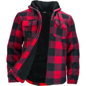 Winter Flannel Fleece Jackets for Men, Plaid Warm Sherpa Lined Coats With Hood Zip Up Hoodie Sweatshirt (5X-Large, Red)